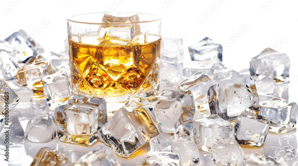 Glass of whiskey and Ice on white transparent background
Glass of whiskey and Ice on white transparent background