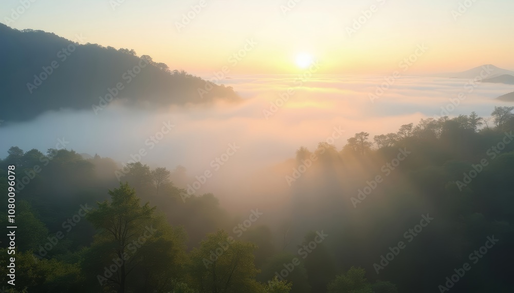 Fototapeta premium Ethereal sunrise over misty forest