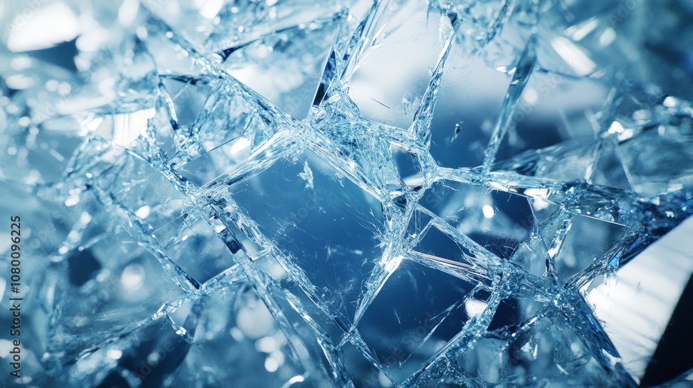 Shattered glass with scattered fragments, sharp reflections, and light scattering Shattered glass with scattered fragments, sharp reflections, and light scattering