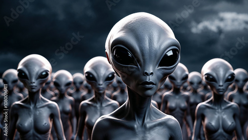 Group of aliens standing together under a dark sky scene. photo