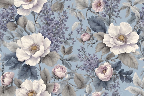 French country floral pattern with wild roses lavender and leaves in soft blues and grays, Ai Generated