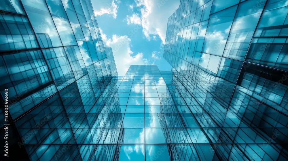 A modern office tower made of glass, reflecting the sky and surrounding buildings from a low perspective. A modern office tower made of glass, reflecting the sky and surrounding buildings from a low perspective.