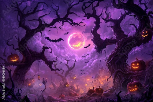 Wallpaper Mural Haunted Forest with Glowing JackoLantern and Spooky Full Moon in Eerie Night Sky Torontodigital.ca