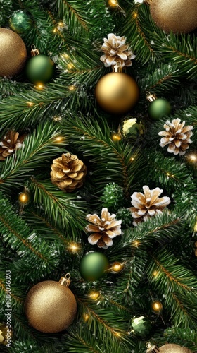 Decorative green Christmas tree branches adorned with gold and green ornaments, pine cones, and white flowers in festive holiday arrangement