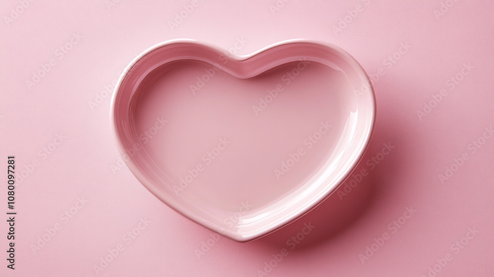A pink heart-shaped plate sits empty on a pink table. There's plenty of space around it. A pink heart-shaped plate sits empty on a pink table. There's plenty of space around it.