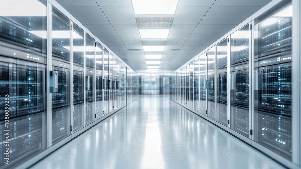 Fototapeta premium A modern data center corridor lined with server racks and bright overhead lighting.