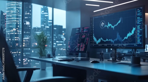 A modern office with financial consultants discussing a new cryptocurrency project, with charts showing market volatility