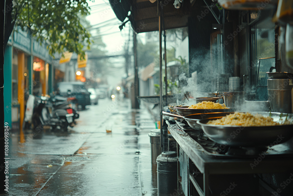 Cooking street food outdoor restaurant culinary experience urban setting rainy day food preparation Cooking street food outdoor restaurant culinary experience urban setting rainy day food preparation