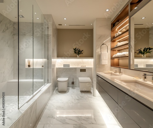 Wallpaper Mural Luxurious Modern Bathroom with Marble Accents, Freestanding Tub, and Elegant Gold Lighting Fixtures Torontodigital.ca