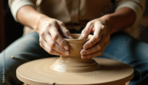 Hands Shaping Clay Bowl on Pottery Wheel