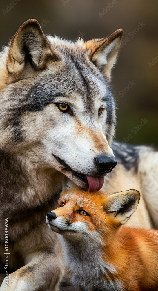 Fototapeta premium Friendship and love photos that don't require animal species (Gray wolf, fox)