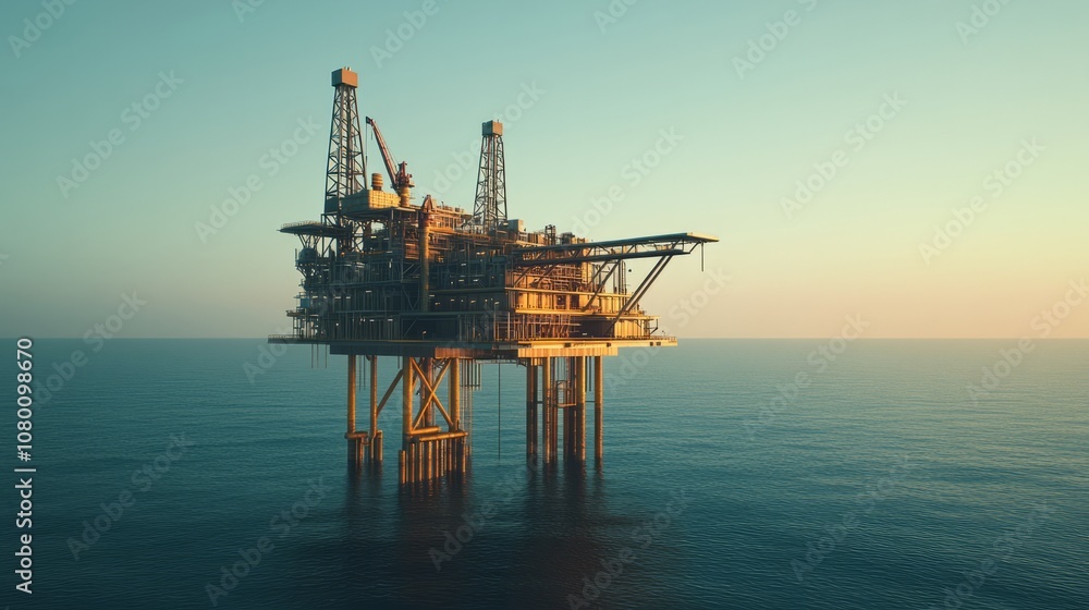 A modern offshore oil rig against a clear sky, surrounded by the deep blue ocean. without people A modern offshore oil rig against a clear sky, surrounded by the deep blue ocean. without people