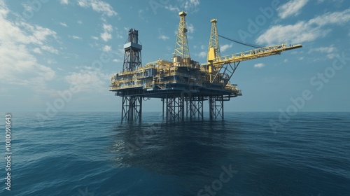 A modern offshore oil rig against a clear sky, surrounded by the deep blue ocean. without people 