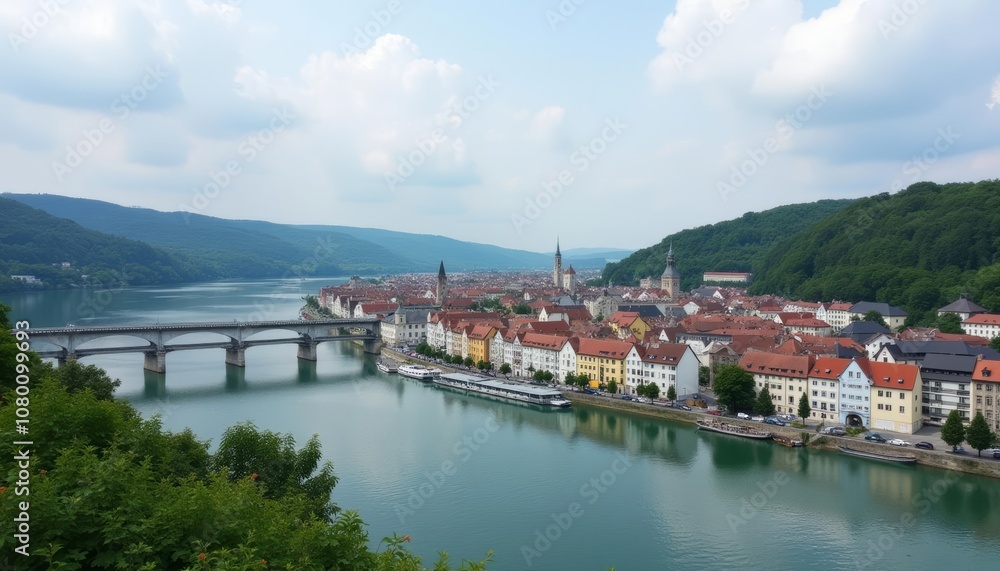 Obraz premium Tranquil riverside town under a clear sky
