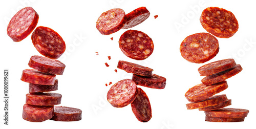 Sliced chorizo action kitchen food photography black background close-up culinary art