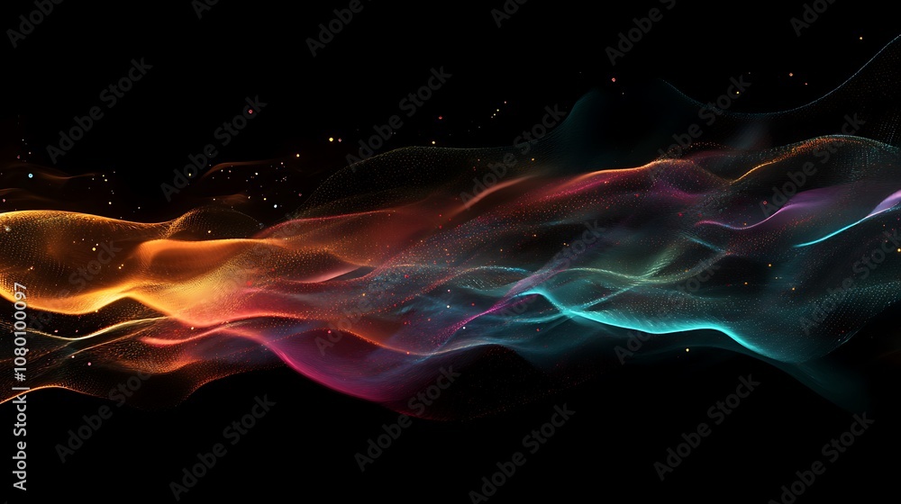 Fototapeta premium Fluid digital light trails blending into soft neon color transitions on a dark background.