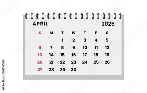 Vector horizontal folding desk calendar April 2025 year.  Calendar week starts Sunday. April layout organizer. Calendar template for printing