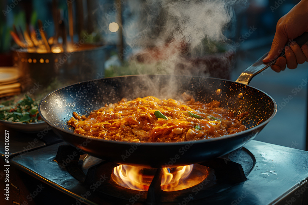 Chef cooking pad thai in a large pan street food stall culinary art vibrant market close-up thai cuisine Chef cooking pad thai in a large pan street food stall culinary art vibrant market close-up thai cuisine