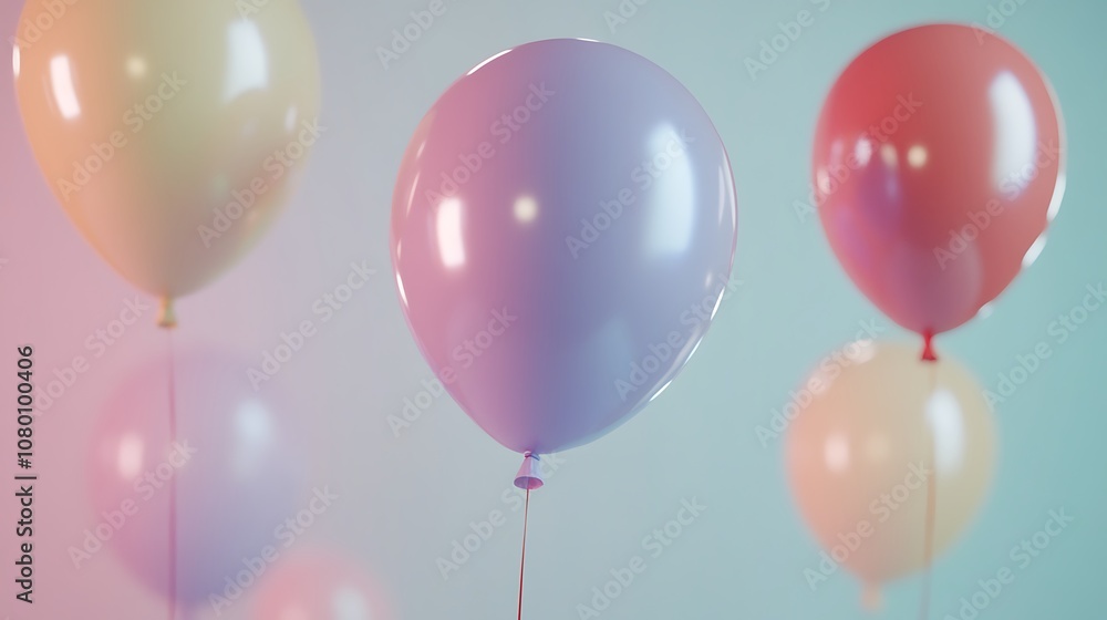 Birthday balloons in various colors floating against a pastel-colored background Birthday balloons in various colors floating against a pastel-colored background