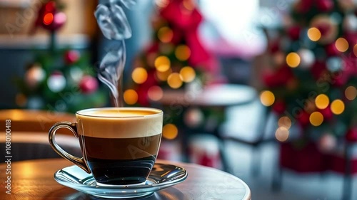 Glass Cup of tricolor cappuccino with steam, Christmas blurred cafe background, copy space.	 photo