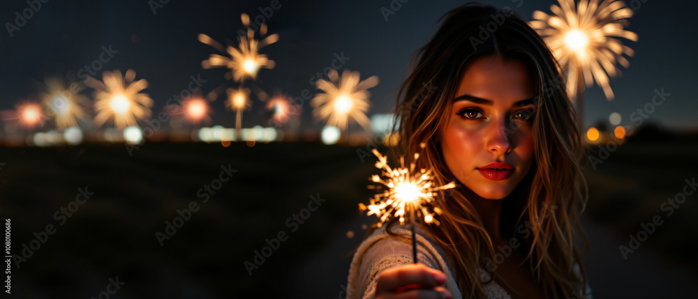 Confident Person Holding Sparkler with Fireworks in the Background Confident Person Holding Sparkler with Fireworks in the Background