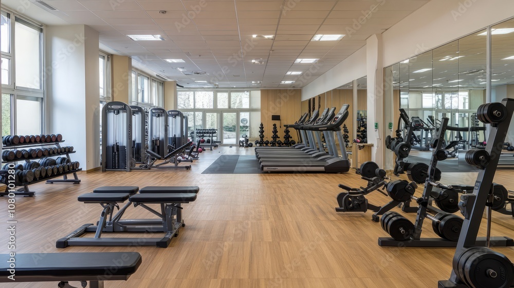 A modern university gym with rows of exercise equipment, free weights, and large mirrors on the walls A modern university gym with rows of exercise equipment, free weights, and large mirrors on the walls