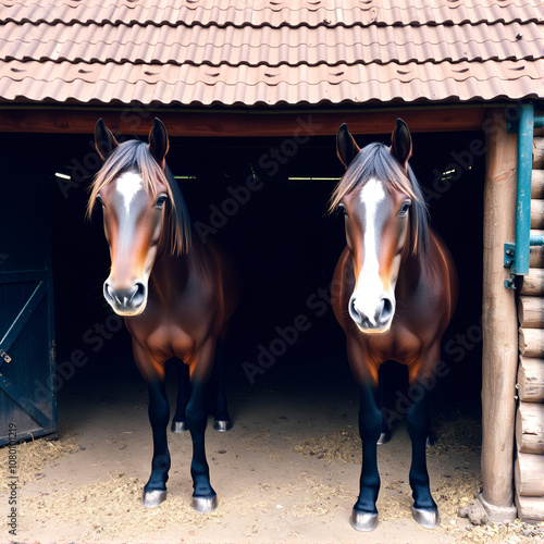 horses behind fence at stable photo