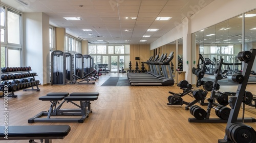 A modern university gym with rows of exercise equipment, free weights, and large mirrors on the walls