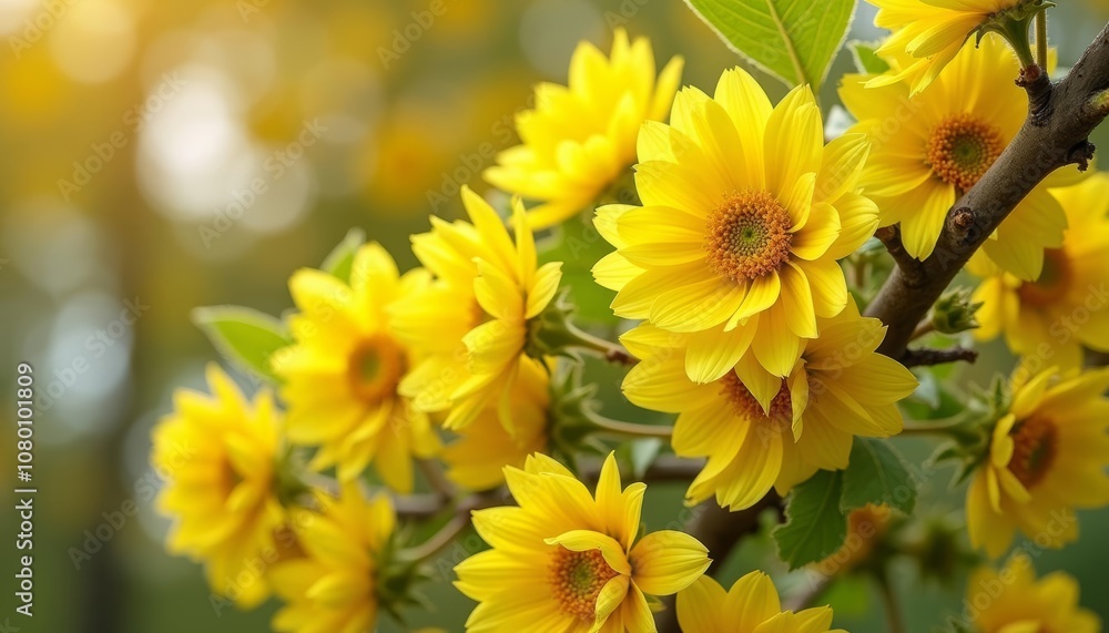 Fototapeta premium Bright yellow flowers bloom in the sunlight