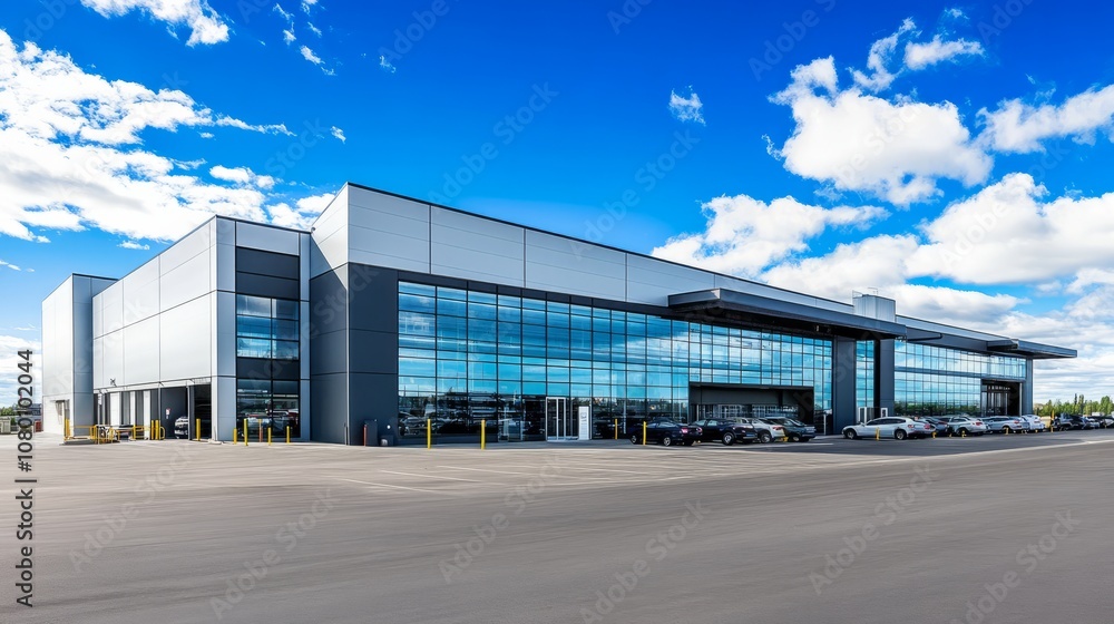 A modern warehouse and adjacent car service building, with parked vehicles and a large parking lot in front, under a blue sky A modern warehouse and adjacent car service building, with parked vehicles and a large parking lot in front, under a blue sky