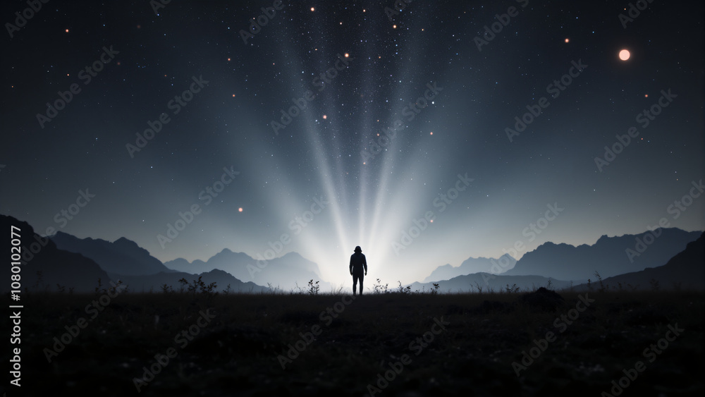 Fototapeta premium Solitude Under Fireworks in Vast Field, Minimalist Wonder