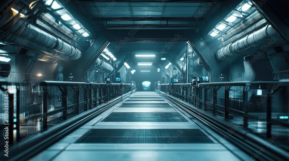 Futuristic corridor in a high-tech space station with illuminated details. Futuristic corridor in a high-tech space station with illuminated details.