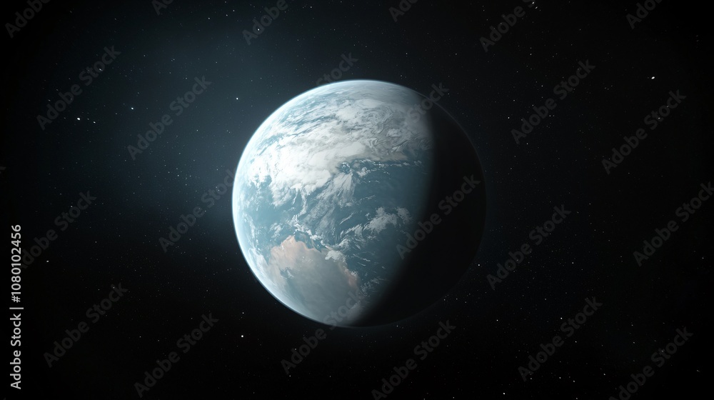 A distant view of Earth as a blue and white planet in space, partially illuminated, with stars surrounding the serene and cosmic scene. A distant view of Earth as a blue and white planet in space, partially illuminated, with stars surrounding the serene and cosmic scene.