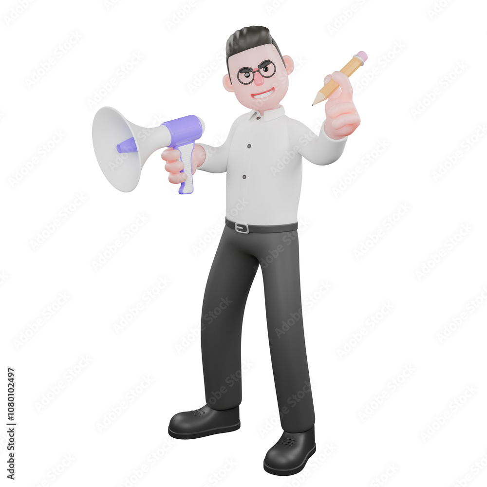 Creative 3D Producer. a male producer stands while holding a loudspeaker in his right hand while his left hand holds pencil. Cartoon Illustration Creative 3D Producer. a male producer stands while holding a loudspeaker in his right hand while his left hand holds pencil. Cartoon Illustration