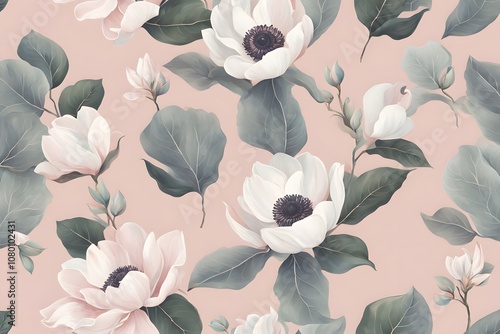 Pastel seamless floral with magnolias anemones and eucalyptus leaves on a dusty pink background, Ai Generated