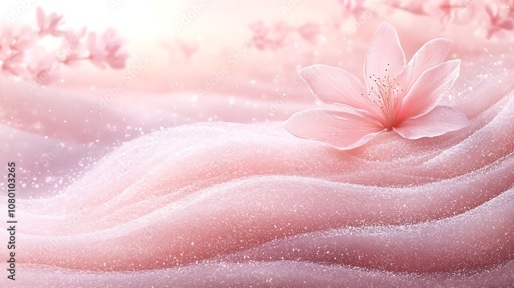 Delicate pink flower on soft, flowing fabric with a gentle, shimmering background. Delicate pink flower on soft, flowing fabric with a gentle, shimmering background.