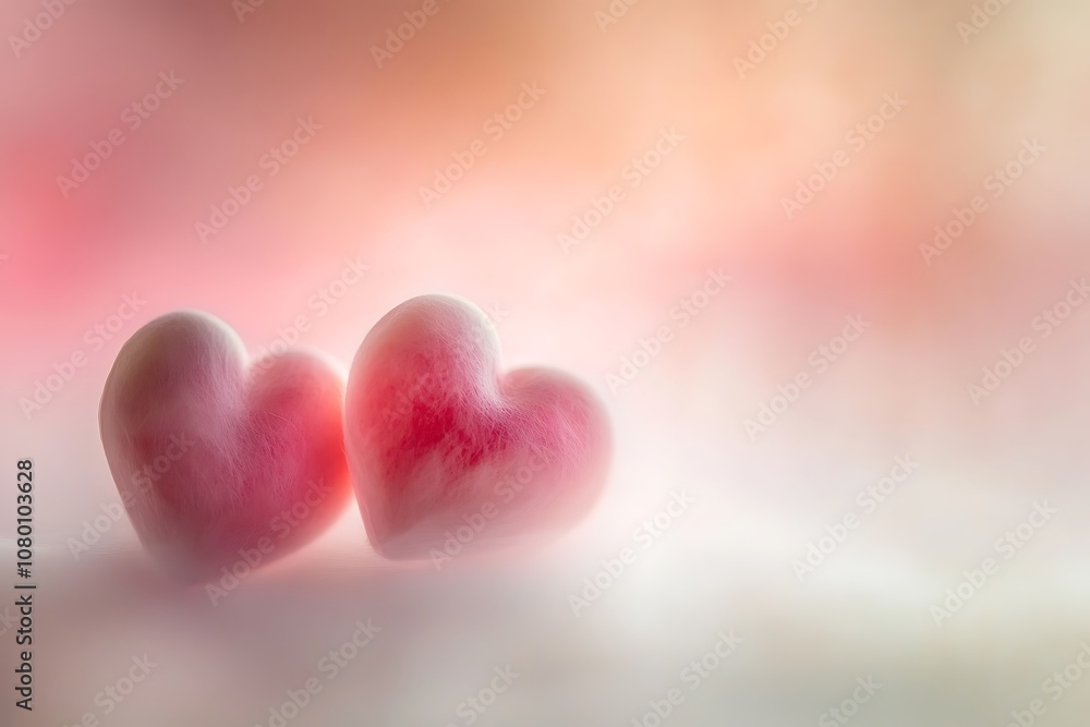 Blurred pink hearts with a soft light effect against a soft peach background. Blurred pink hearts with a soft light effect against a soft peach background.