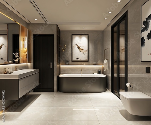 Luxurious Modern Bathroom with Marble Accents, Freestanding Tub, and Elegant Gold Lighting Fixtures
