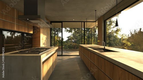 Modern kitchen with a spacious layout  large windows  natural light  and wooden accents  blending indoor and outdoor elements seamlessly.