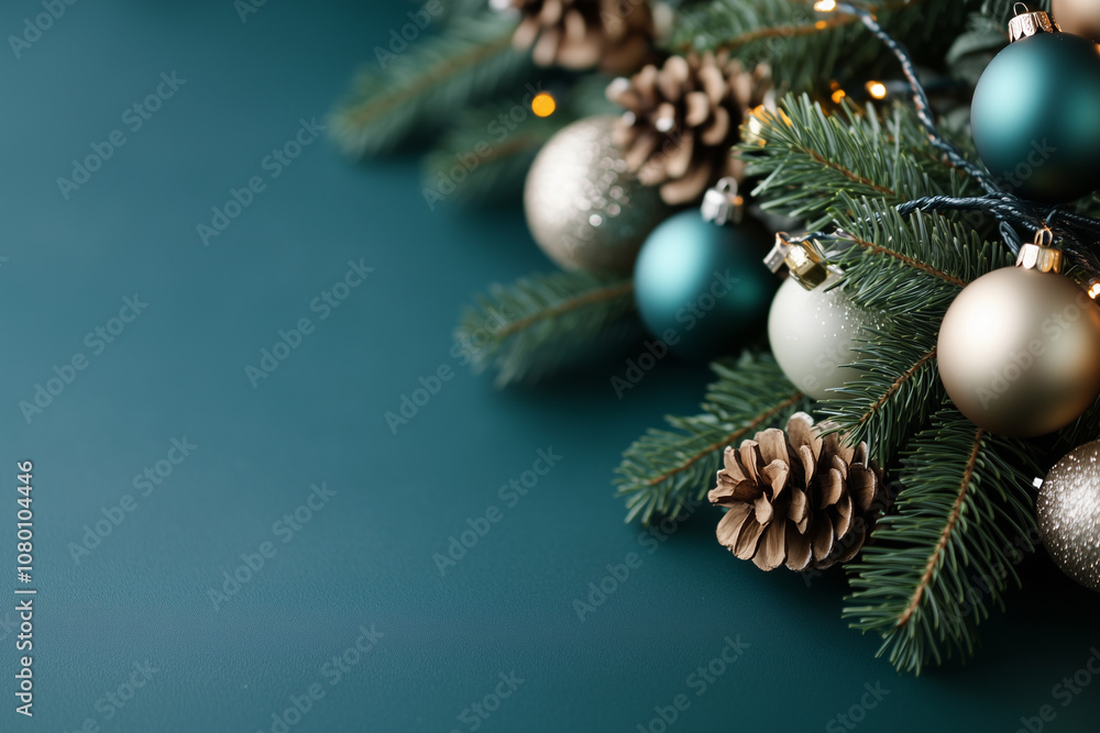 winter card mockup with elegant close-up of a Christmas tree decorated with gold ornaments and pine cones on deep green winter card mockup with elegant close-up of a Christmas tree decorated with gold ornaments and pine cones on deep green
