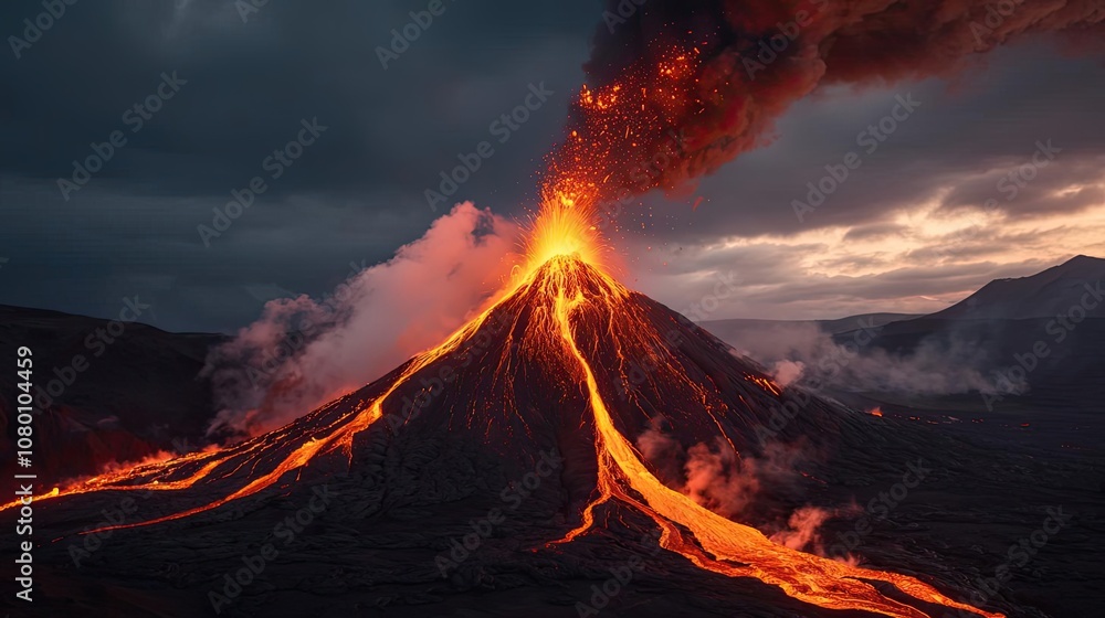 Erupting volcano with lava flow under a dramatic cloudy sky. Erupting volcano with lava flow under a dramatic cloudy sky.