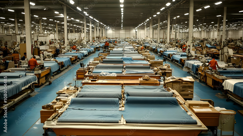 Large Industrial Factory Interior with Workers Photograph Large Industrial Factory Interior with Workers Photograph