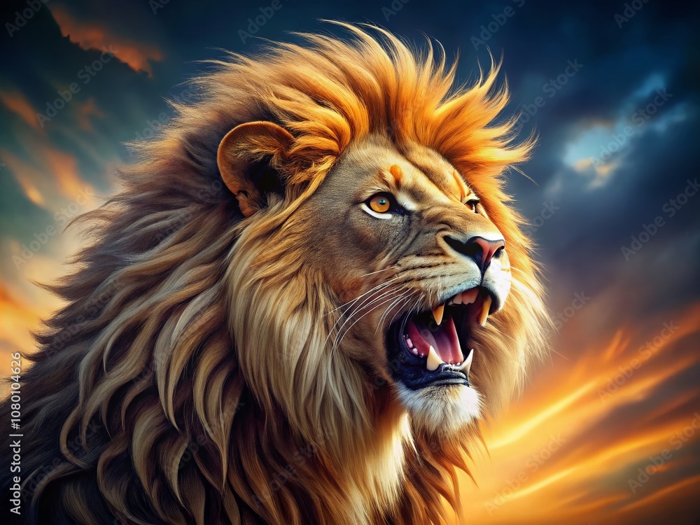 Fototapeta premium A lion's savage roar, teeth bared, a fierce predator unleashed.