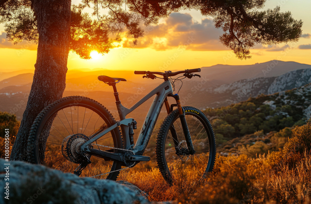 Fototapeta premium Mountain bike resting by a tree during sunset. A mountain bike leans against a tree while the sun sets over the mountains, casting warm light on the landscape.