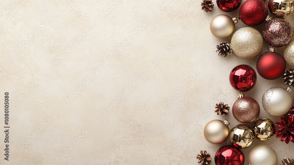 Red and Gold Christmas Ornaments with Pine Cones on a Light Beige Background Red and Gold Christmas Ornaments with Pine Cones on a Light Beige Background
