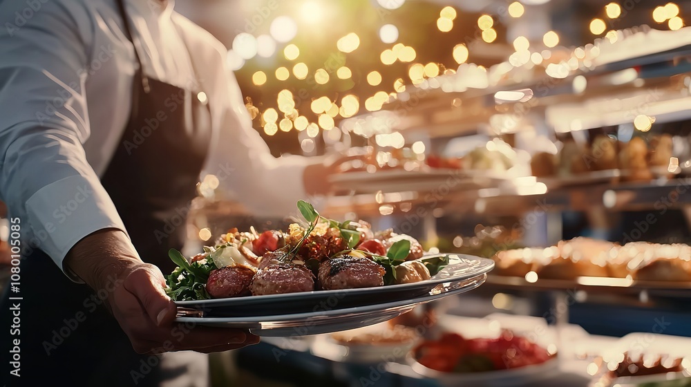 A waiter presenting a gourmet dish with roasted vegetables, meat, and sauce on a white plate in a fine dining restaurant, creating an elegant and inviting atmosphere A waiter presenting a gourmet dish with roasted vegetables, meat, and sauce on a white plate in a fine dining restaurant, creating an elegant and inviting atmosphere