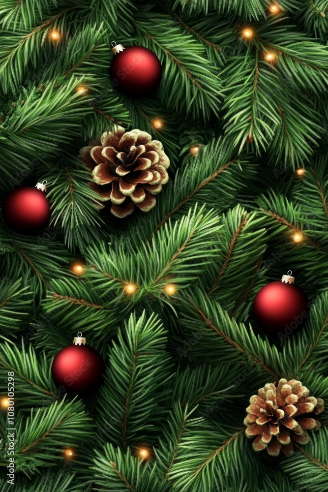 Decorative Christmas tree branches adorned with red ornaments and pine cones, celebrating the festive holiday spirit in winter ambiance Decorative Christmas tree branches adorned with red ornaments and pine cones, celebrating the festive holiday spirit in winter ambiance