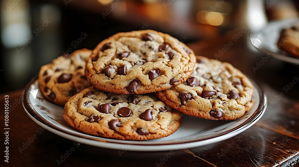Closeup of Chocolate Chip Cookies on Plate - Photo Closeup of Chocolate Chip Cookies on Plate - Photo