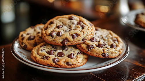 Closeup of Chocolate Chip Cookies on Plate - Photo