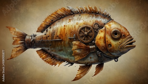 steampunk fish design c4r, realistic brushwork, photorealistic compositions, bright orange and light brown, rtx on, pseudo-realistic, aurorapunk, realistic watercolour art photo